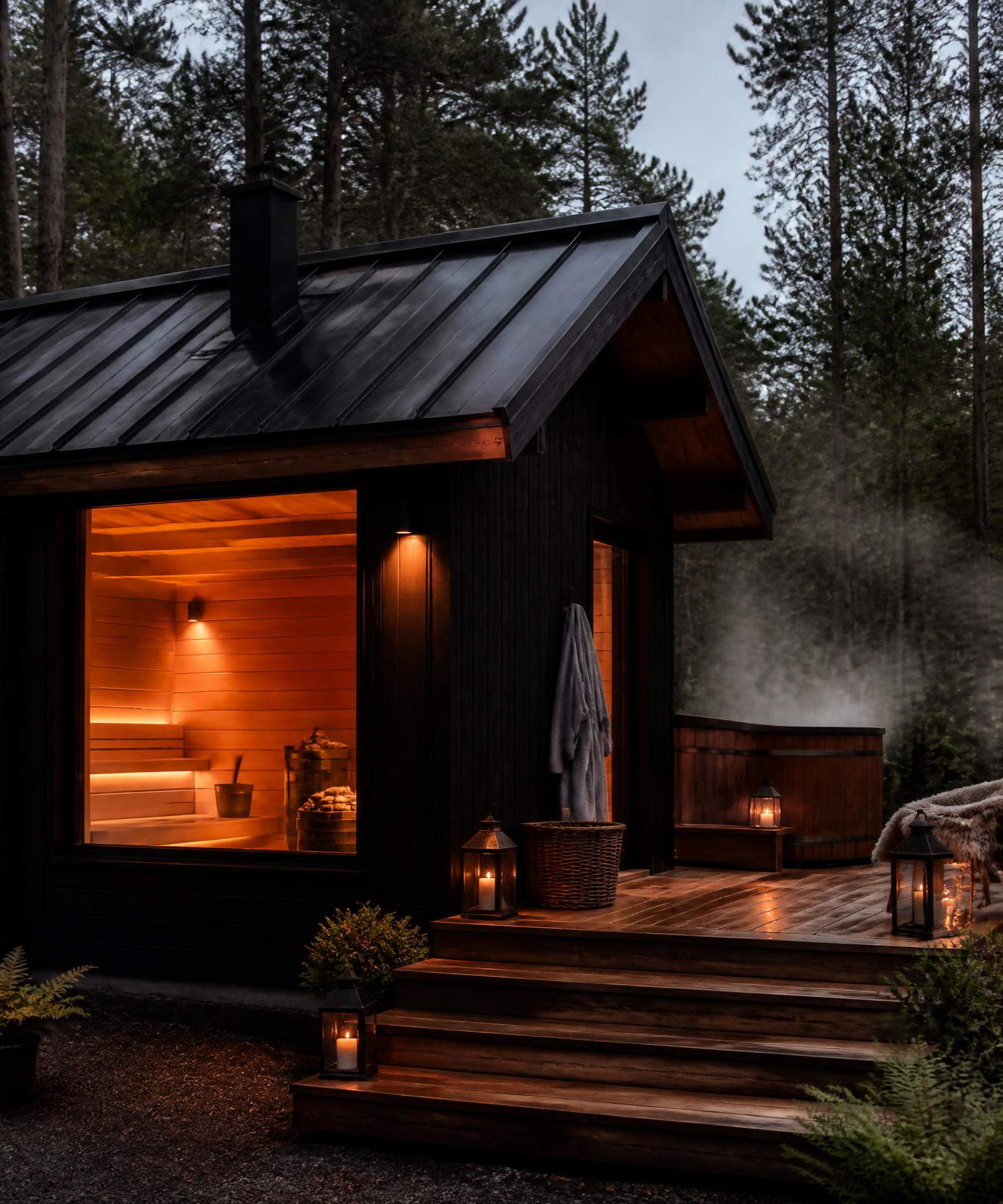 Barrel sauna and hot tub beside a cabin