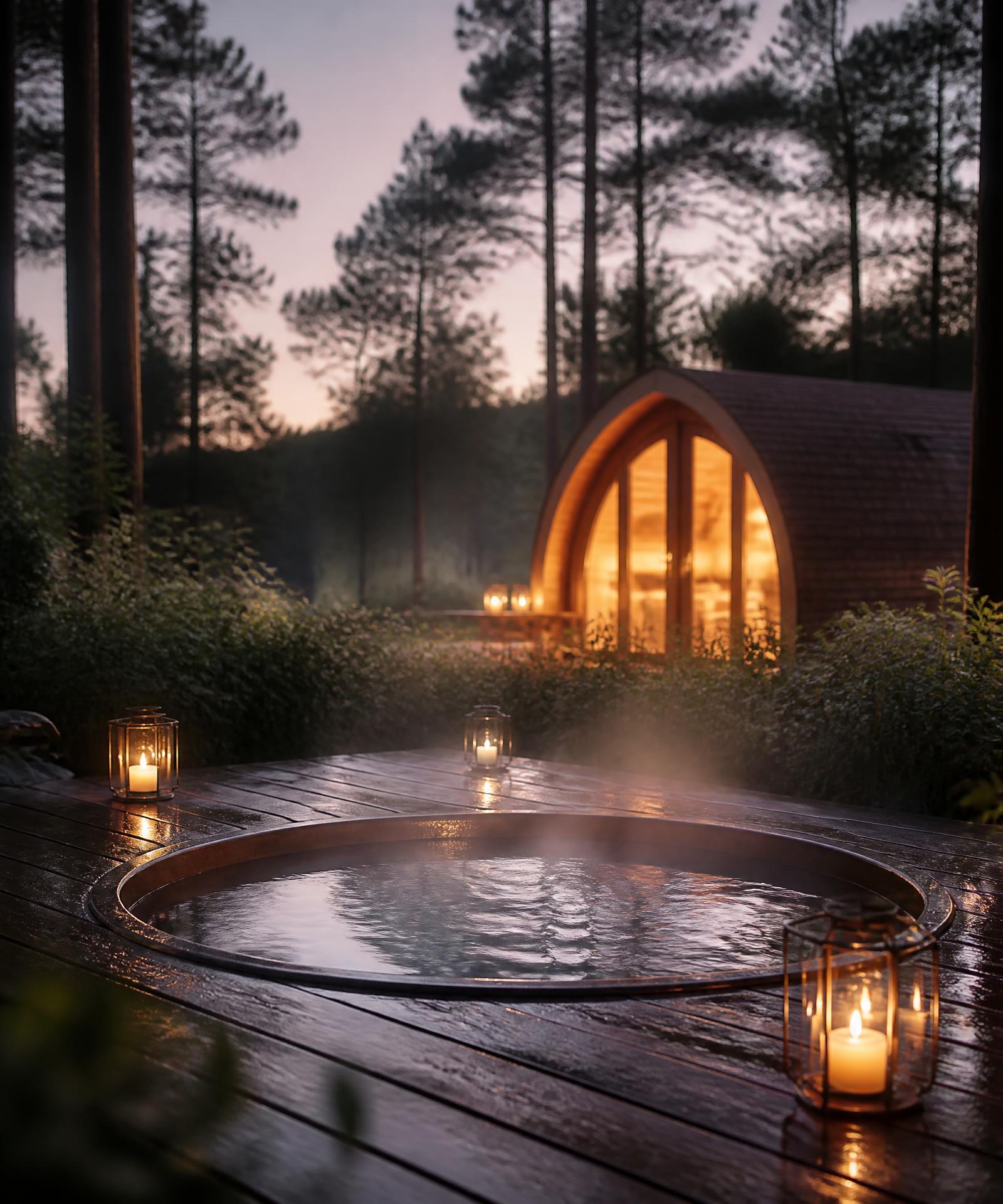 A private hot tub steaming at twilight