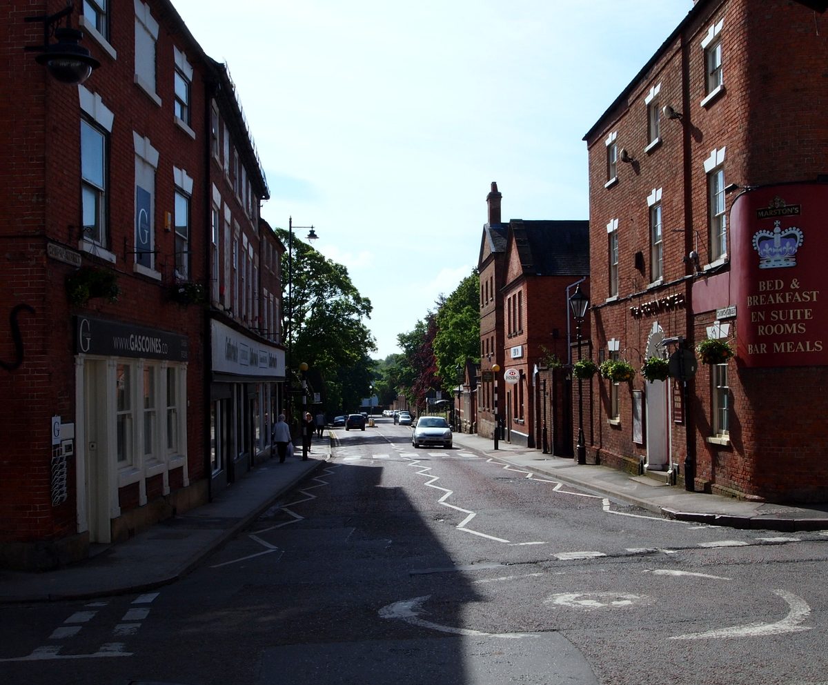 A red-brick street in Southwell town centre